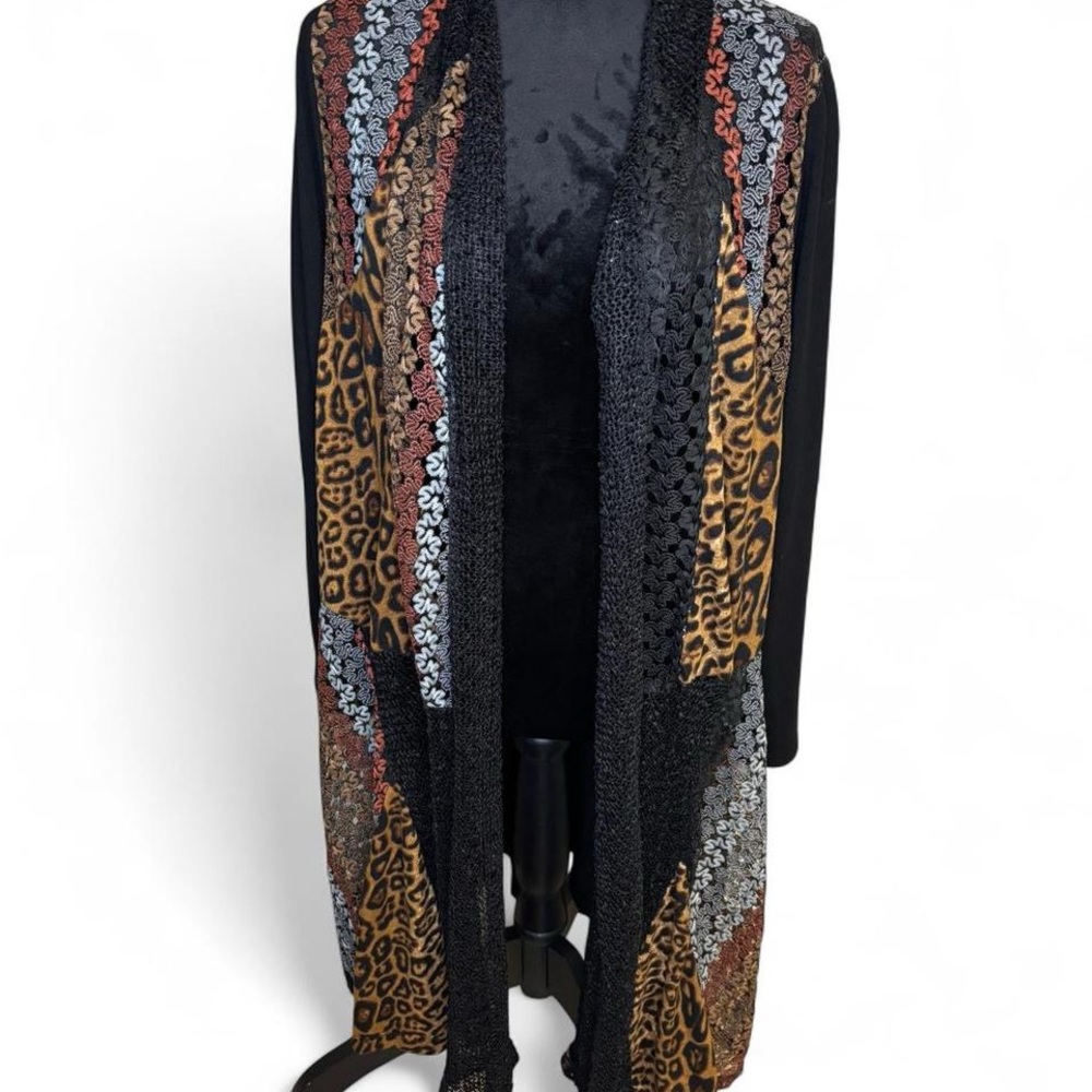 La Vanya Black Leopard Print and Lace Detailed Long Cardigan Size 1X
